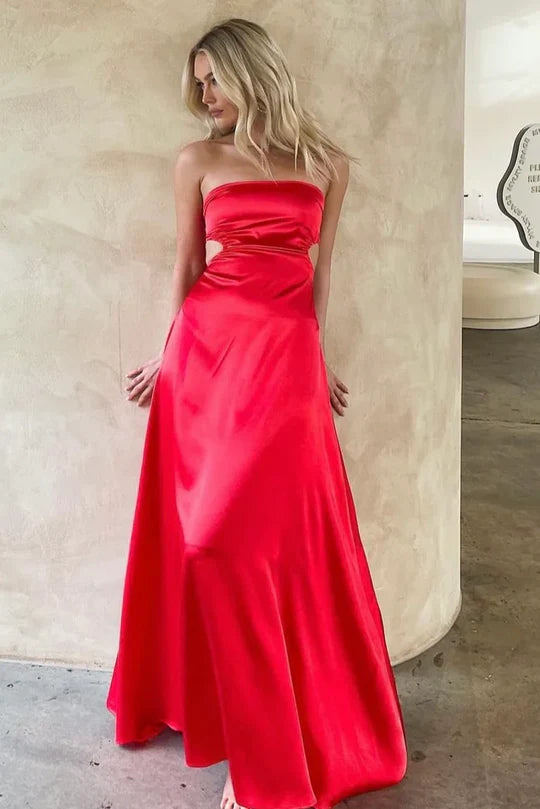 Red Strapless Empire Lace Up A-Line Party Prom Dress